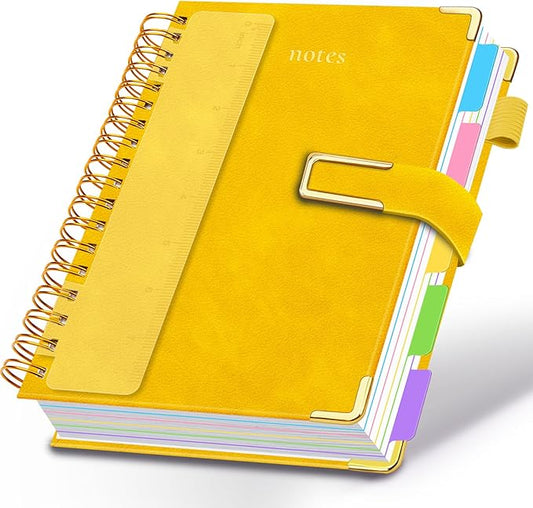 Hardcover Spiral Notebook College Ruled, 6.2"x 8.2" Leather Journal Notebook with Magnetic Closure, 300 Pages 5 Subject Notebook with Dividers Tabs Journal for Women Men, Work, School(Yellow)