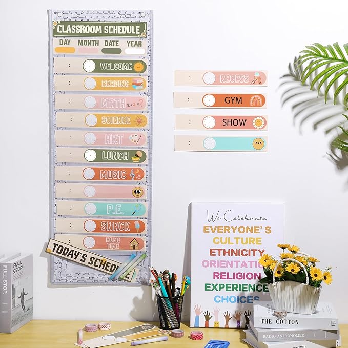 MotiMind Daily Schedule Pocket Chart for Classroom, Calendar Pocket Chart 13+1 Pockets, 21 Reusable Cards for Classroom School 13" x 36" (Bright Color,Retro)