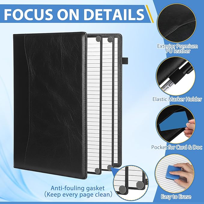 Feifeiya 6 Sides Dry Erase Notebook Portable Whiteboards Notebook Small Reusable College Ruled Lined Board Folding Mini Travel Dry Erase White Board for Office Study(Black,A4: 9 x 12 Inches)