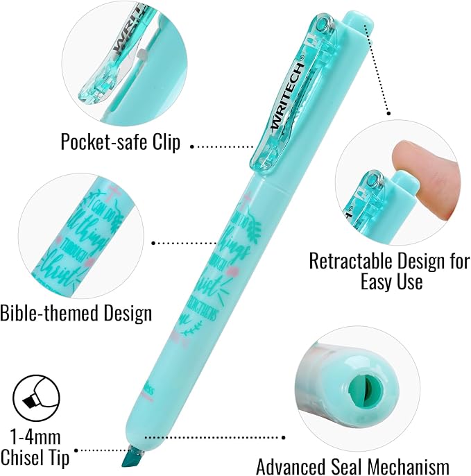 WRITECH Bible Mate Journaling Set: Highlighters & 0.7mm Ballpoint Pens 9ct | No Bleed Bible-Safe Highlighters + Black Ballpoint Pens Pastel Colors Quick Dry Ink Teachers Nurses Office