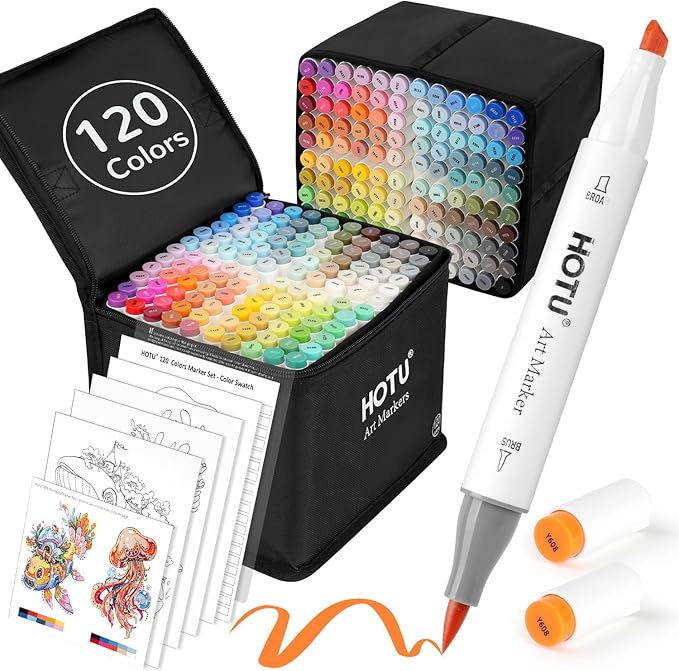 HOTU 120 Colors Alcohol Markers, Artist Dual Tip (Brush & Chisel) Sketch Pens, Professional Art Markers Set for Adult Coloring Illustration, with Coloring Cards and Non-Bleeding Pad