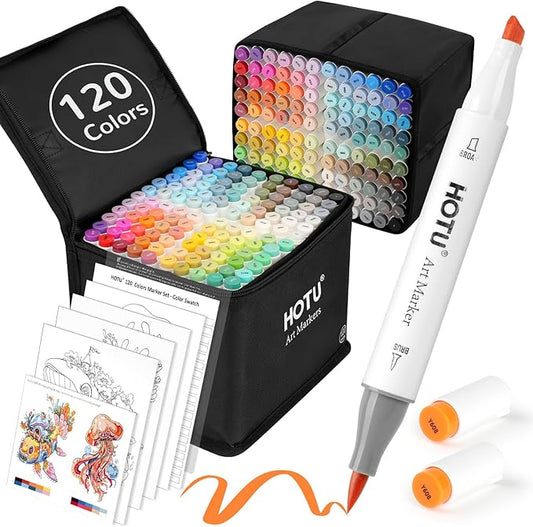HOTU 120 Colors Alcohol Markers, Artist Dual Tip (Brush & Chisel) Sketch Pens, Professional Art Markers Set for Adult Coloring Illustration, with Coloring Cards and Non-Bleeding Pad