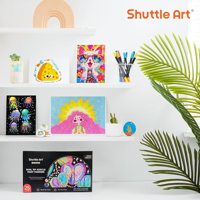 Shuttle Art 25 Colors Dual Tip Acrylic Paint Markers, Brush Tip and Fine Tip Acrylic Paint Pens for Rock, Ceramic, Wood, Canvas, Plastic, Glass, Stone, Calligraphy, Card Making, DIY Crafts