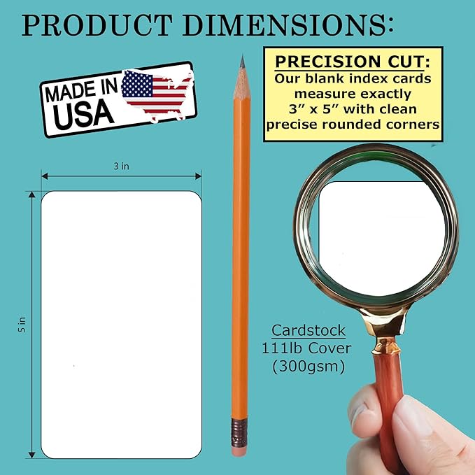 100 Unruled 3x5 Index Cards Blank White Heavy Rounded Corners -Study Note Cards, DIY Flash Cards, Message Notecards, Recipe Cards -Unlined Bleedproof for Handwriting Heavyweight Cardstock -Made in USA