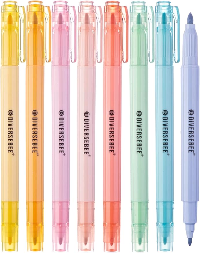 DIVERSEBEE Dual Tip Bible Highlighters and Pens No Bleed, 8 Pack Assorted Pastel Colors Quick Dry Highlighters Set, Cute Markers for Bible Study Journaling School Office Supplies and Accessories