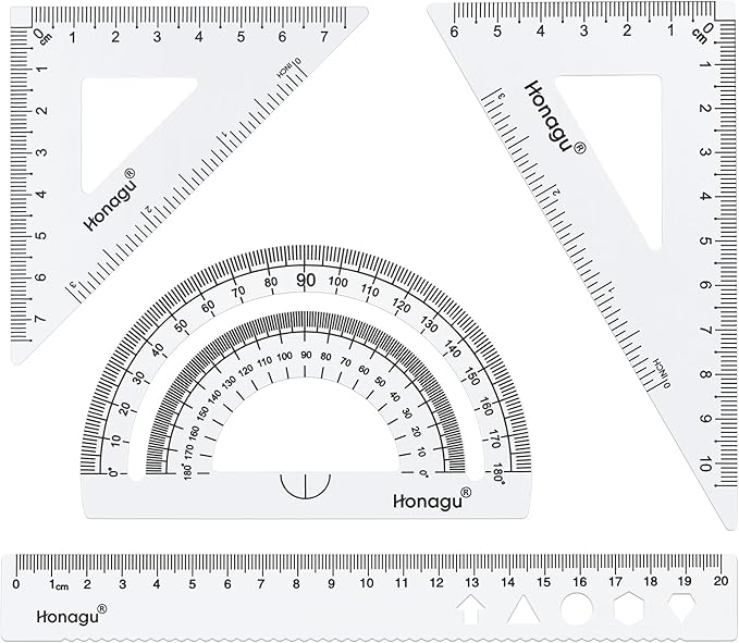Honagu Triangular Ruler Set, 4 Pieces Aluminum Alloy Ruler, Metal Drafting Ruler, Geometric Protractor for Students,Teacher, Draftsmen, Engineers,Gift Stocking Stuffers for Kids (20cm/7.87in, Silver)
