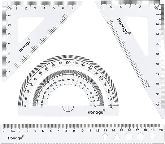 Honagu Triangular Ruler Set, 4 Pieces Aluminum Alloy Ruler, Metal Drafting Ruler, Geometric Protractor for Students,Teacher, Draftsmen, Engineers,Gift Stocking Stuffers for Kids (20cm/7.87in, Silver)