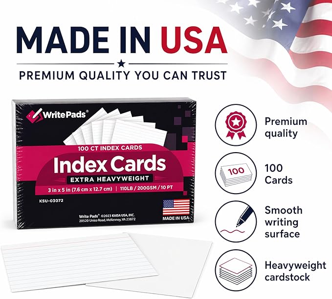 Heavyweight 3x5 Index Cards, Extra Thick Note Cards, Front Lined Back Blank Flash Cards, 110lb / 200gsm / 10pt Cardstock, 100 Sheets, Made in USA, for Studying, Classroom, Office Notes & Organization