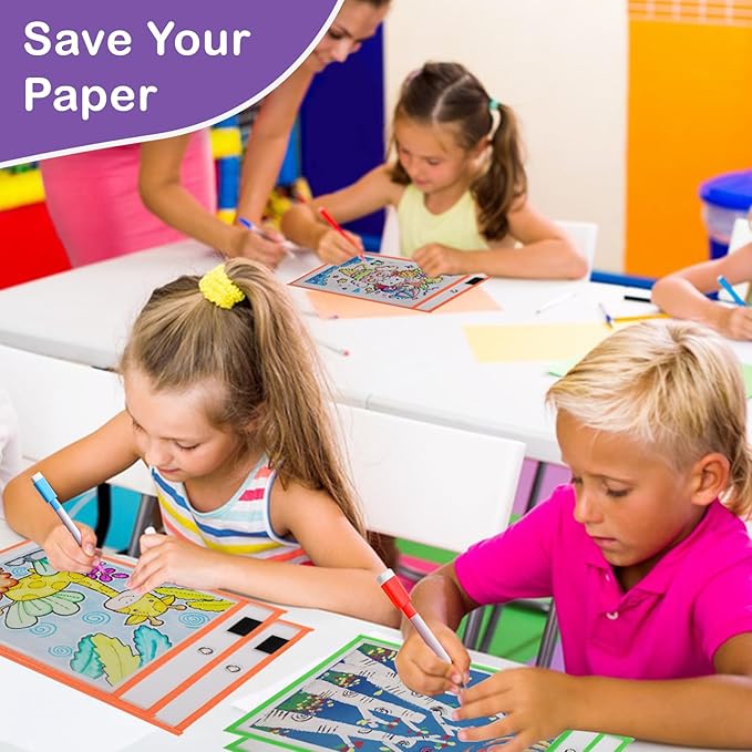 Ufamrine 6 Pcs Dry Erase Pockets Sleeves Colorful, Job Ticket Holders (10" * 13"), Reusable Plastic Sleeves for Teacher Classroom