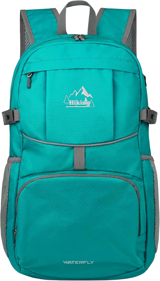 WATERFLY Hiking Packable Daypack Backpack: 35L Ultra Lightweight Day Pack for Women Men - Large Foldable Back Pack for Outdoor Sport Cycling Camping Travel Trip - Turquoise