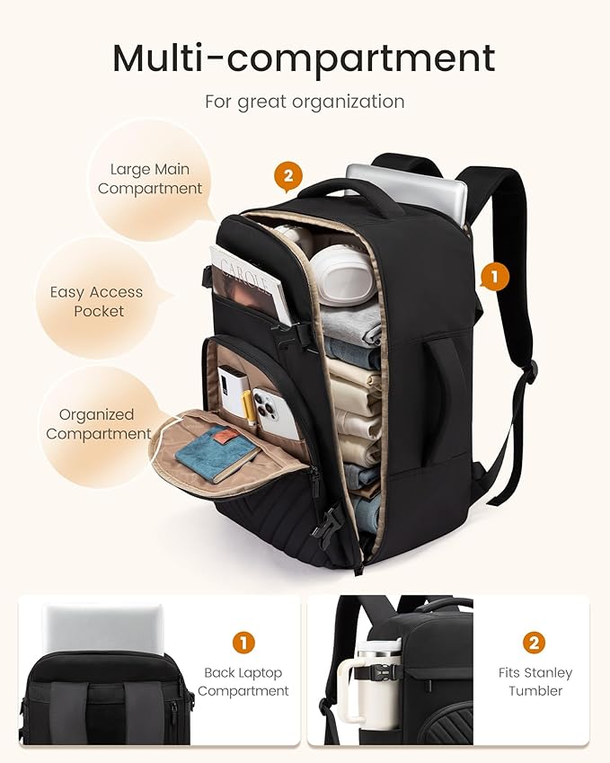 LOVEVOOK 40L Travel Backpack for Women Men, TSA Personal Item Travel Bag Fits 17.3inch Laptop, Waterproof Airline Approved Carry On Luggage With 2 Cubes for Weekender Hiking Business, Khaki