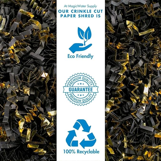 MagicWater Crinkle Cut Paper for Gift Baskets - 2LB - Black & Gold - Perfect for Shredded Paper Filler, Basket Filler, Gift Boxes, Bridesmaid Gifts, Christmas Stuffers & More – Ideal for All Occasions