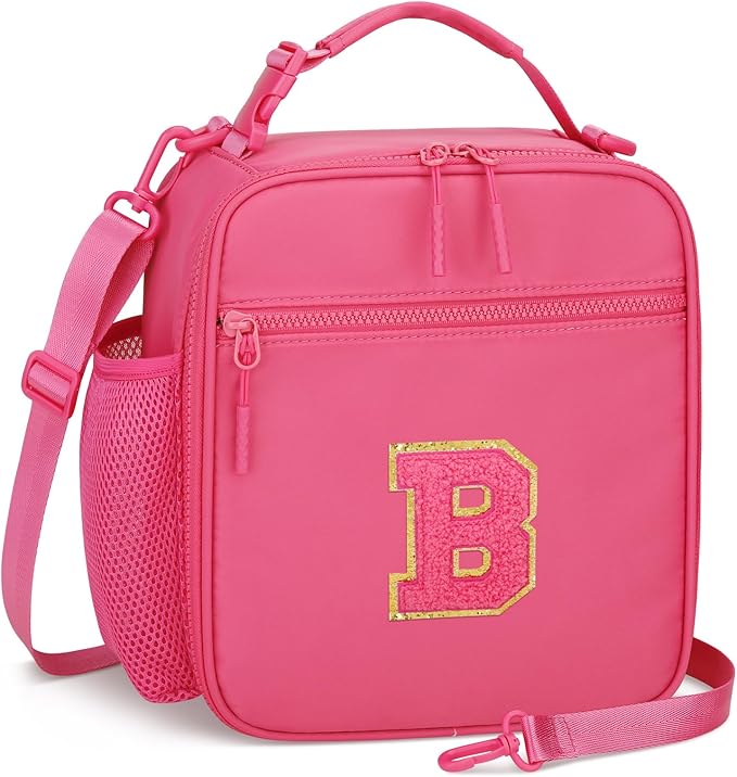 Initial Insulated Lunch Bag for Girls Kids, Back to School Gift, Reusable Leak-proof Lunch Box with Adjustable Strap for School Daycare Travel Picnic (Rosy Red,B)