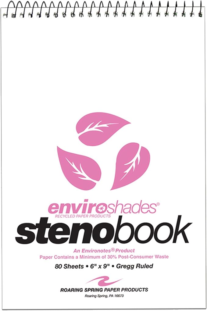 ROARING SPRING Enviroshades Colored Steno Books, 4 Pack of Memo Pads, Recycled Pink Paper, 6" x 9", 80 Sheets, Gregg Ruled, Perforated, Wirebound, Heavy Chipboard Back