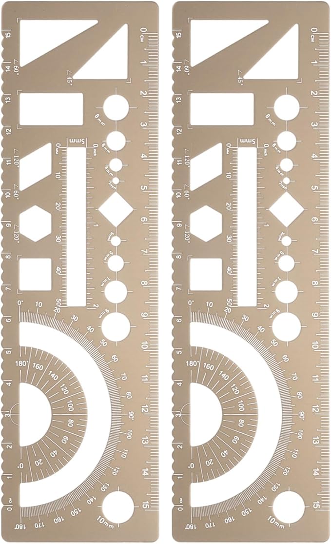 HARFINGTON 2pcs Multifunctional Geometric Rulers 15cm Metric and SAE Aluminum Straight Edge Protractor Angle Math Measuring Ruler Geometric Drawings Templates for Drawing Drafting, Gold