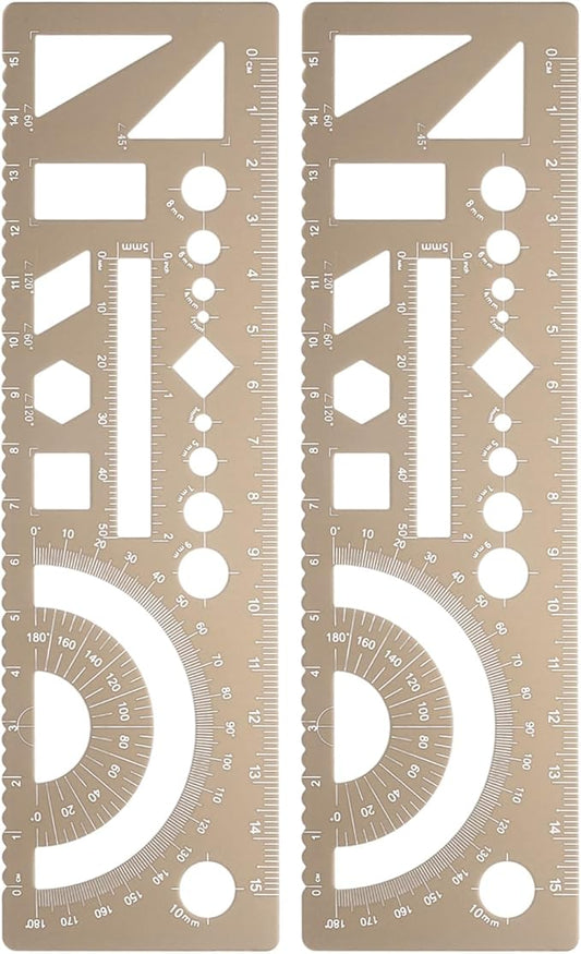 HARFINGTON 2pcs Multifunctional Geometric Rulers 15cm Metric and SAE Aluminum Straight Edge Protractor Angle Math Measuring Ruler Geometric Drawings Templates for Drawing Drafting, Gold