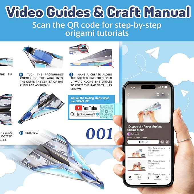AluAbi Paper Airplane Kits, 60 Sheets Double Sided Colored Origami with Instructions Book and Video, Birthday Crafts Gift for Kids Ages 6-12