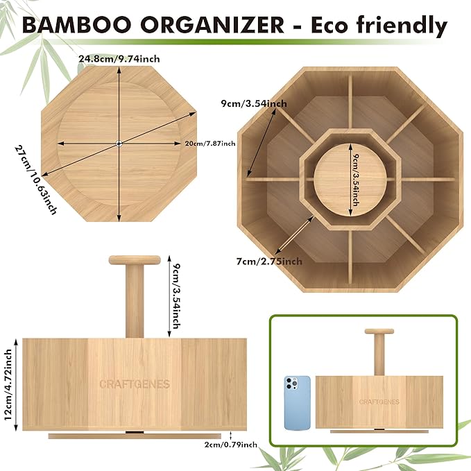 CraftGenes Bamboo Rotating Pen Organizer for Desk, 360° Spinning Desk Organizer with 10 Compartments, Wooden Pencil Holder, Desk Caddy for Office Supplies, Marker Organizer for Office Home School