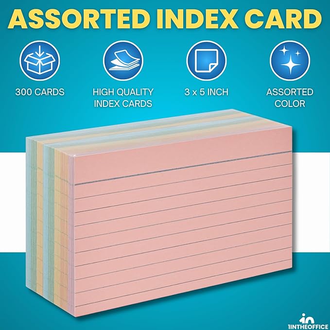 1InTheOffice 3x5 Ruled Index Cards, Assorted Pastel Colors, 300 Pack
