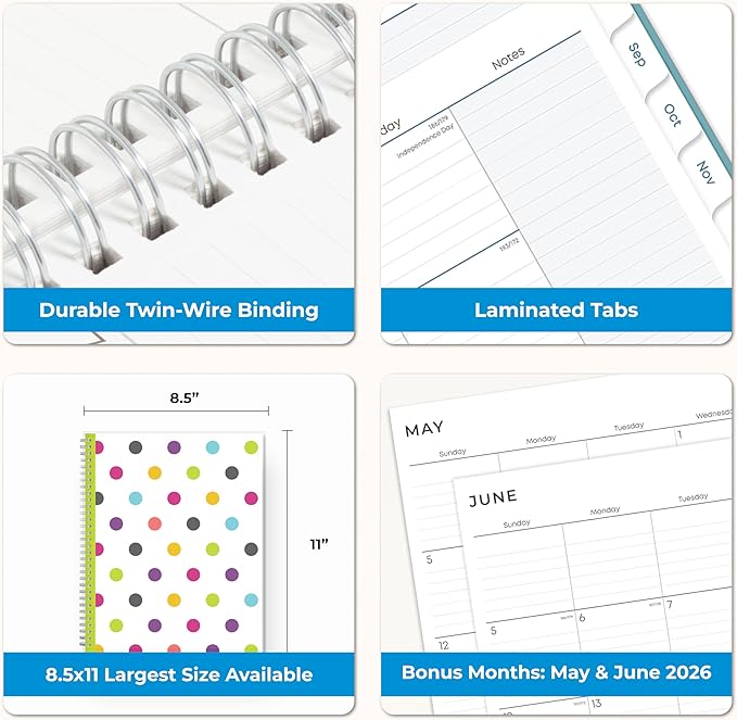 Blue Sky 2026-2027 Weekly and Monthly Academic Year Teacher Lesson Planner Calendar, July 2026 - June 2027, 8.5" x 11", Clear Pocket Cover, Wirebound, Laminated Tabs, Storage Pocket, Dots