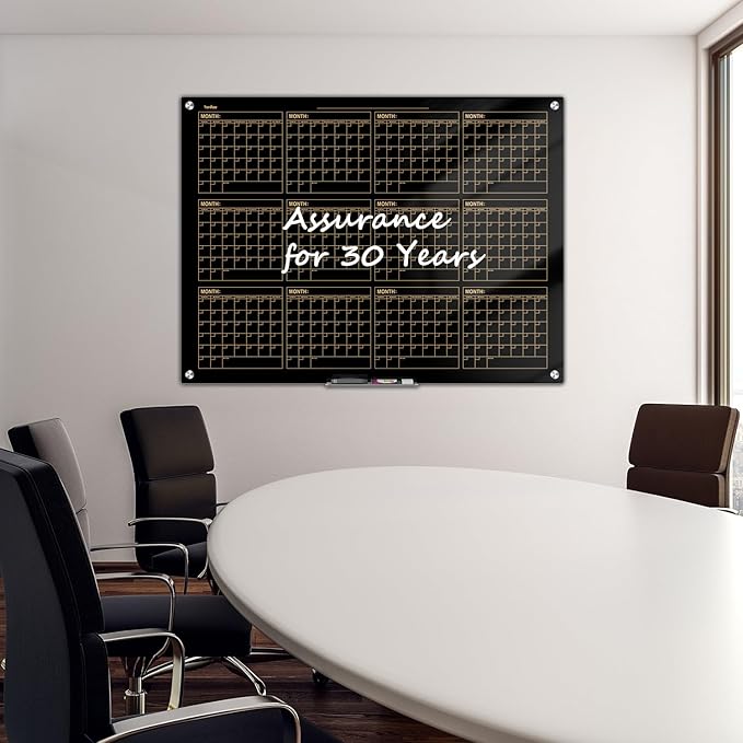 Magnetic Glass Whiteboard, 48x36 Inches Black Glass Calendar Dry Erase Board for Wall, Large Yearly Calendar White Board for Office School Home Classroom Kitchen