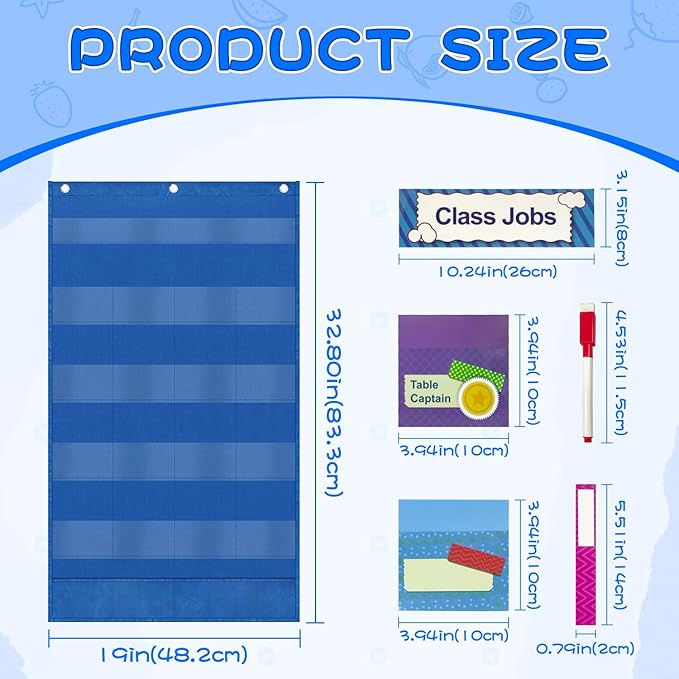 Grekos Class Jobs Pocket Chart, Management Educational Pocket Chart Teacher's Helper with 78 Cards Pockets Must Have for Kindergarten Preschool Elementary Classroom Decor (Blue)