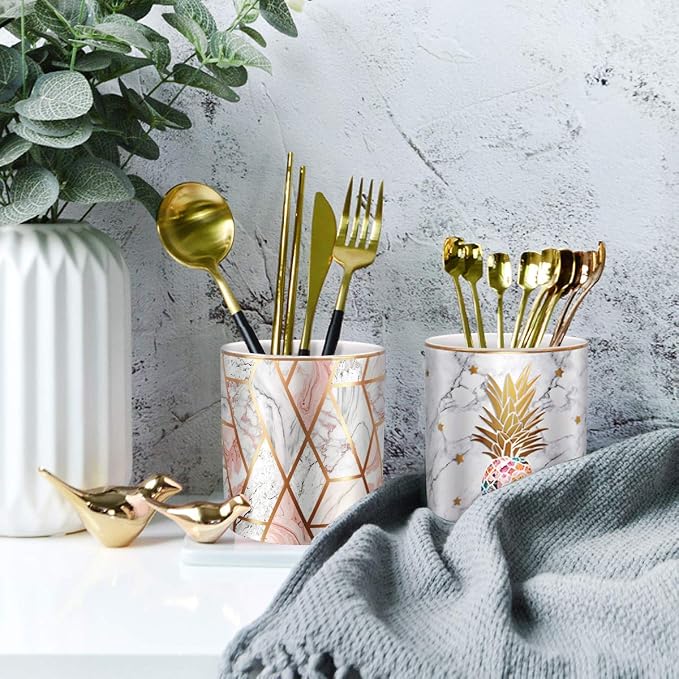 Cute Pen Holder for Desk, Ceramic Pencil Organizer, Makeup Brush Holder, Office Decor and Desk Accessories Durable Ceramic, Pineapple Pattern