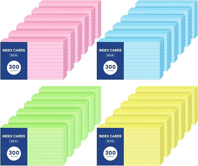 Colored Index Cards 3x5, 1200 Pcs Ruled Colored Flash Cards for Studying, 4 Bright Notecards 3x5 Lined, 50 Per Color 3 x 5 Flashcards Recipe Cards, Lined Note Cards for School, Office and Home