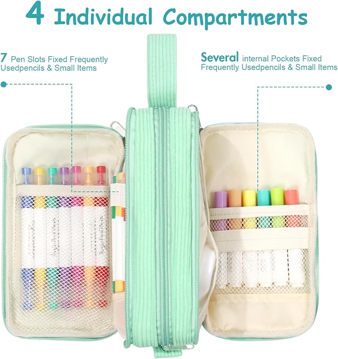 BuyCard Big Capacity Pencil Case, Corduroy Fabric, White with Mint Green Floral Pattern, Pencil Bag with Zipper Closure, Graduation Gift Office Stationery Storage Pen Pouch