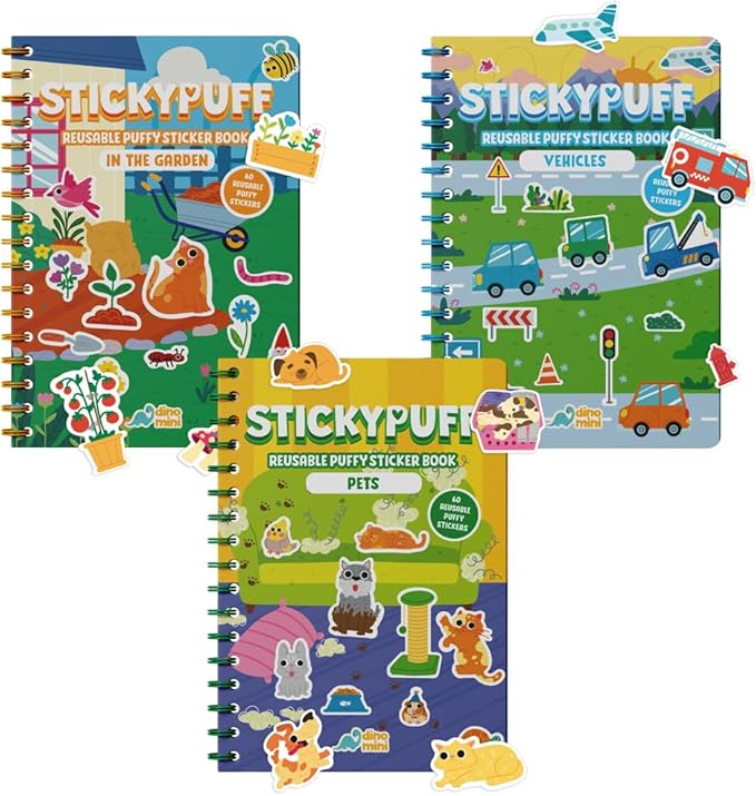 DINO MINI Stickypuff Value Pack - 3 Reusable Puffy Sticker Book for Toddlers - Puffy Stickers for Toddlers - Travel Activities for Kids Ages 4-8 - Screen Free Birthday Gifts (Around Us)