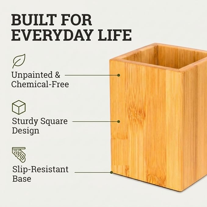 Eco-Friendly Bamboo Pen Holder | Minimalist Wooden Pencil Cup | Natural Desk Organizer Box for Office, School, or Vanity | Sustainable Square Storage Container | Unpainted Finish