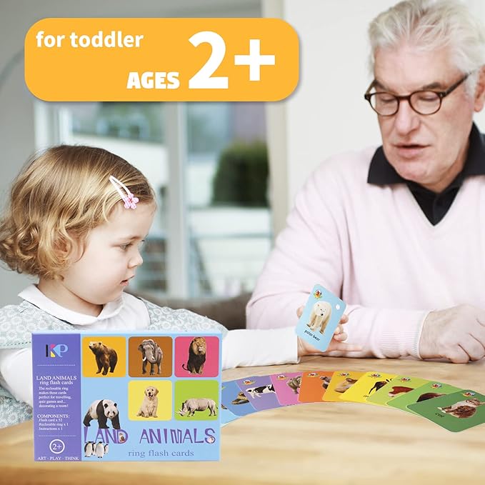 52 Pcs Toddler Land Animals Flash Cards Gift for Kids Wild Forest Animals Flash Cards Sight Words with Pictures Preschool Flash Cards with Ring (Land Animals)