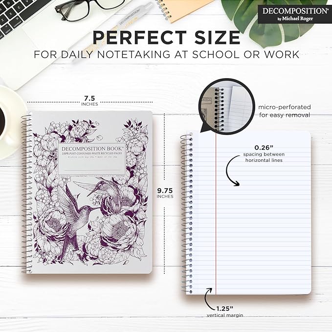 Decomposition Hummingbirds College Ruled Spiral Notebook - 9.75 x 7.5 Journal with 160 Lined Pages - 100% Recycled Paper - Notebooks for School Supplies, Home & Office - Made in USA
