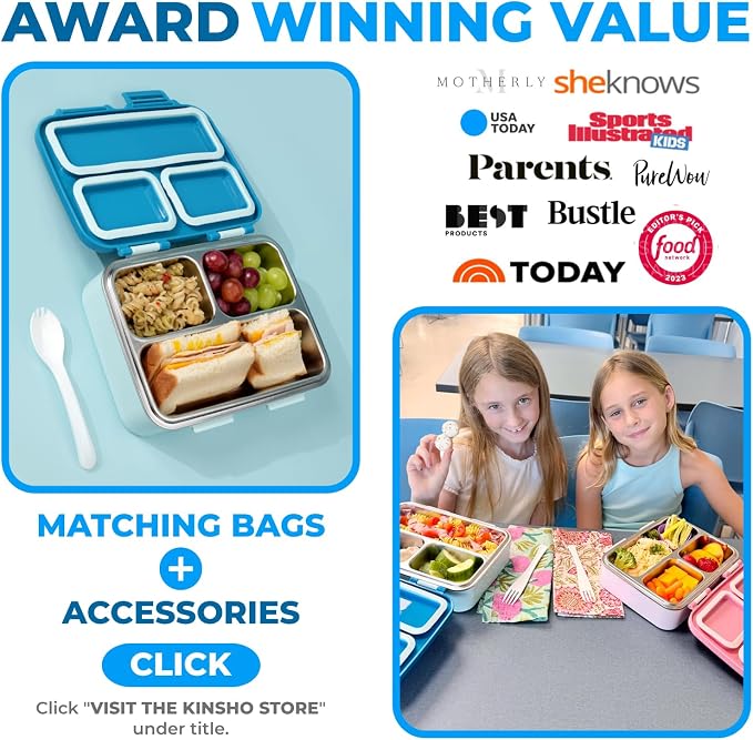 kinsho Stainless Steel Bento Box Lunch Container for Boys Kids, Blue | Heavy Duty, Removable Metal Tray with Silicone Seals, Reuseable Meal or Snack Container for School 790 mL