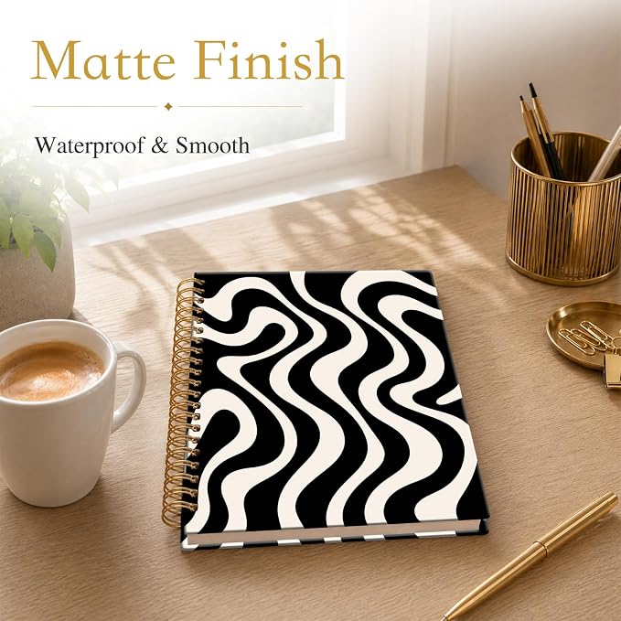 ATJFKIXL Cute Spiral Journal Notebook, A5 120 Page College Ruled Wirebound Notebook, Soft Cover for Students Office Notes and Planning - Black White Wave