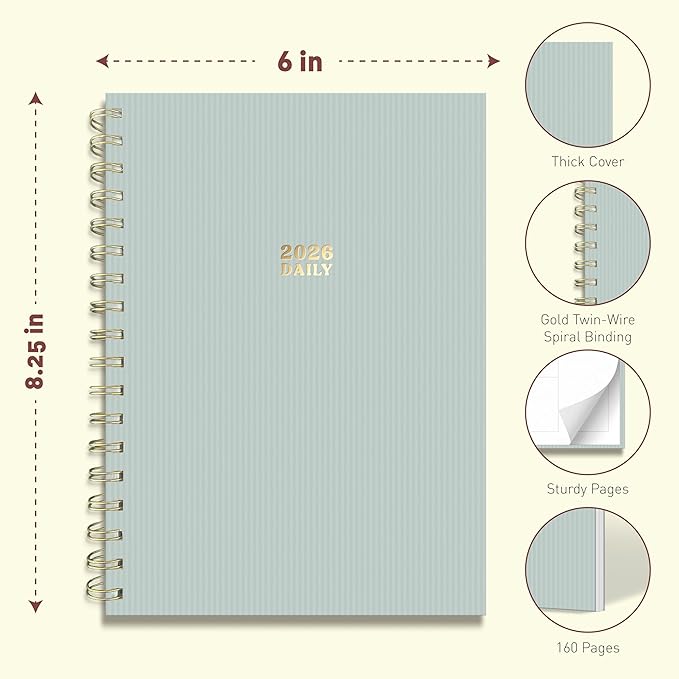 Sweetzer & Orange 2026 Planner – 6" x 8.25" Dated Daily, Weekly & Monthly Calendar Planner – January to December 2026 – Eucalyptus Design with Motivational Stickers, Gold Spiral & Sturdy Paper