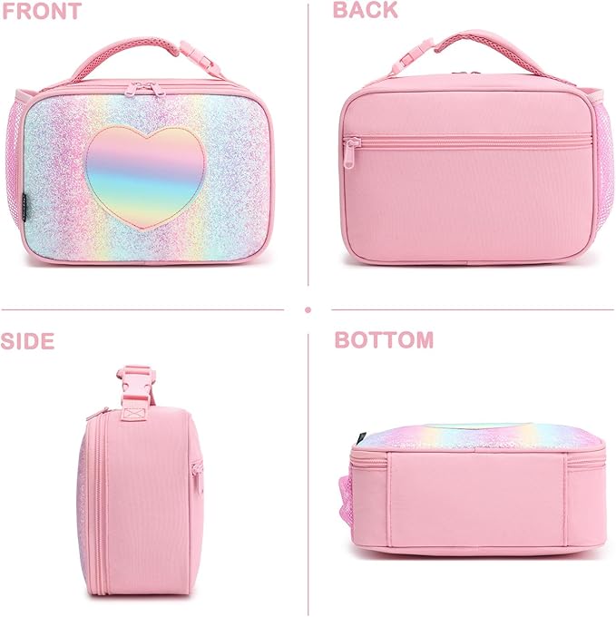 FlowFly Kids Lunch box Insulated Soft Bag Mini Cooler Back to School Thermal Meal Tote Kit for Girls, Boys, Glitter-RainBow