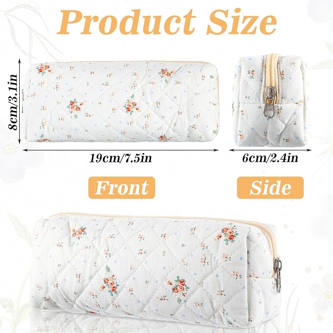 Flowers Pencil Case, Cute Pencil Case, Aesthetic Pencils Bag with Zipper, Soft Quilted Pencils Pouch Organizer, Wide Opening Makeup Bag for Office College
