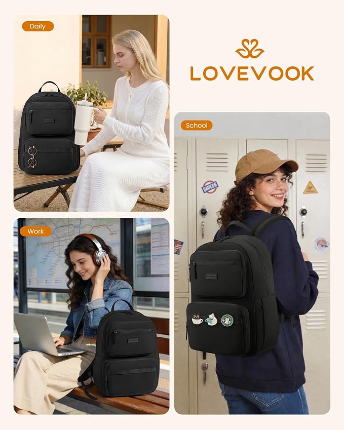 LOVEVOOK School Backpack for Teen Girls,Women Laptop Backpack with Water Bottle Holder,Lightweight Work Bag College Bookbag,Teacher Nurse bag,Black