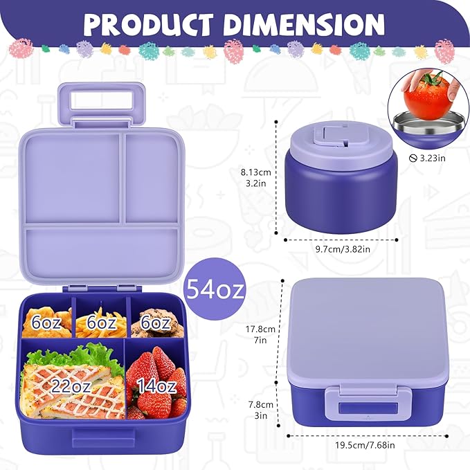 MAISON HUIS Bento Lunch Box with 8oz Soup Thermo, 5-Compartment Leak-Proof Container, Thermo Hot Food Jar and Insulated Lunch Bag, BPA Free,Travel, School (Purple)
