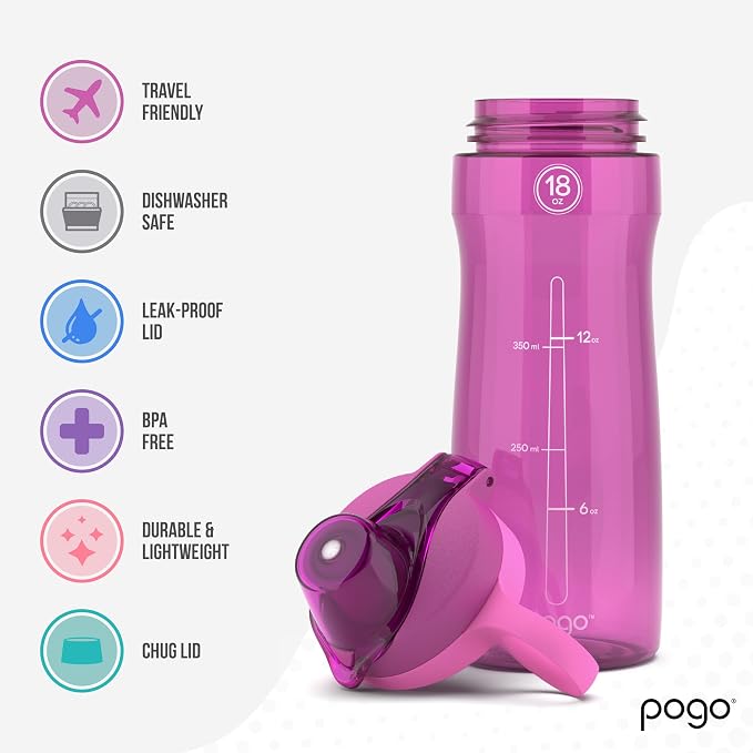 Pogo BPA-Free Plastic Water Bottle with Chug Lid, Fuchsia, 18 oz. | Leakproof water bottle with chug lid and carry handle. BPA-free, great for travel, school, outdoors, and gym.