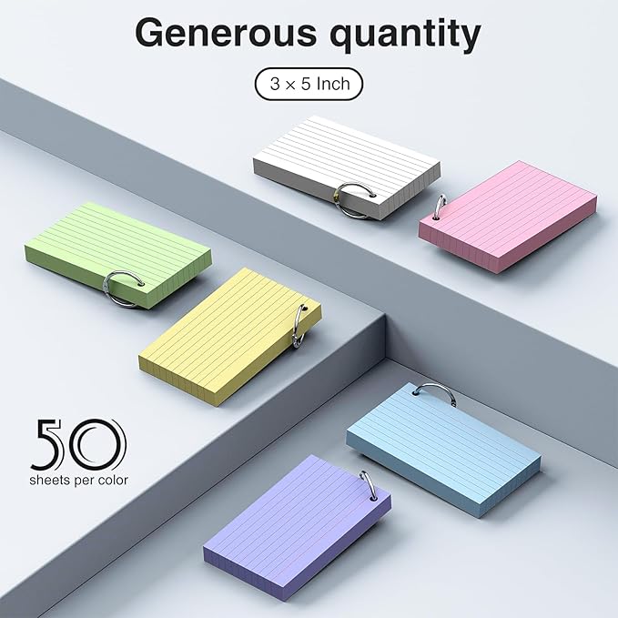300 Count 3x5 index cards with Ring, Flash Cards 6 Color Assortment (50 Sheets Each), Durable & Portable Note Taking for Students, Teachers, Study Note Cards for Home School Colored Index Cards
