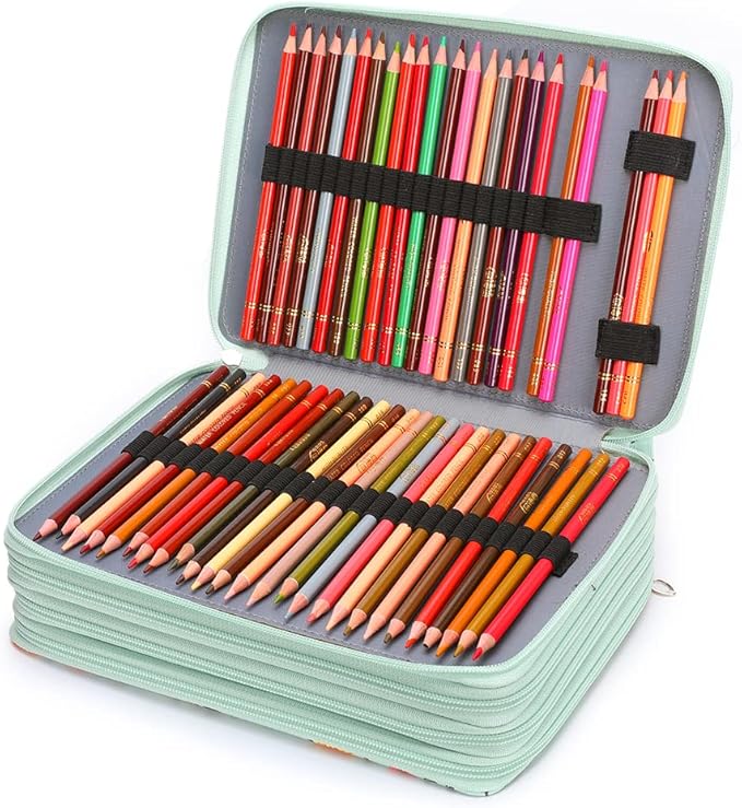 Vomgomfom 200 Slots Pencil Bag, 4-Layer Zipper Portable Art Supply Organizer, PU Leather Large Capacity Colored Pencil Case with Handle for 200 Watercolor Pens, Gel Pens (Green)