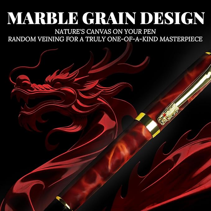 YUNCHUN Red Dragon Fountain Pen for Writing, Refillable Luxury Metal Pens, Fancy Ink Pen with 10 Black and 10 Blue Ink Refills, Gift Sets for Men and Women, Business Writing Pen with Marble Grain