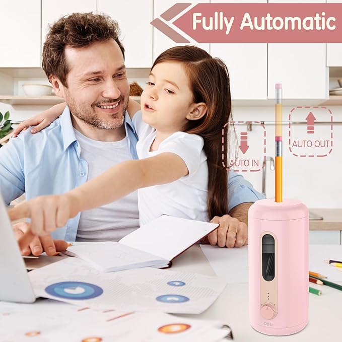 Electric Pencil Sharpener, Fully Automatic Pencil Sharpener for 6.9-10.8mm Colored/Jumbo Pencils, Auto in & Out, Rechargeable Hands-Free Sharpener for Classroom Home Office, Pink