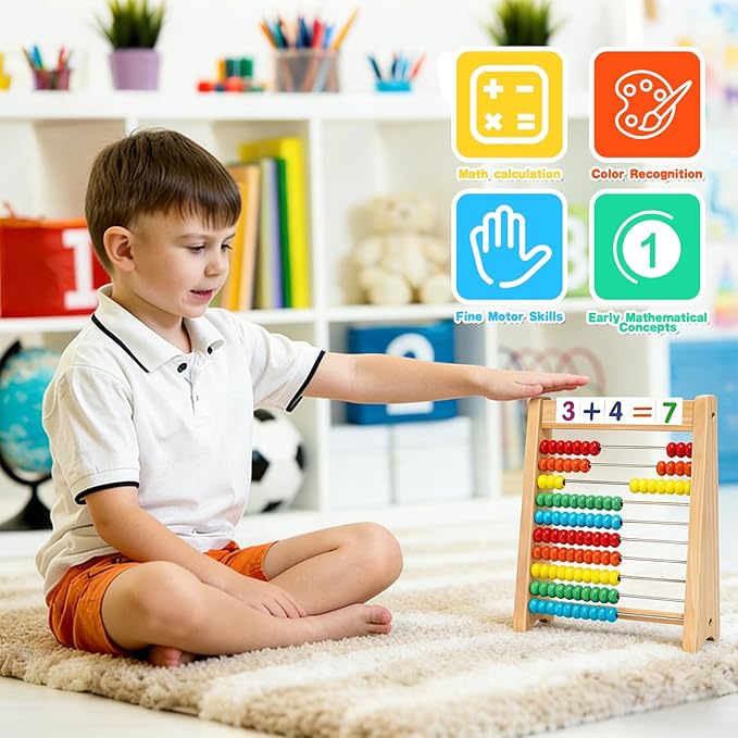 Wooden Abacus for Kids Math Games for Kids 5-7 Abacus Counters Homeschool Counting Toys for 3-5 6-8 Boys Girls Gifts Math Manipulatives Educational Learning Toys for 4 Year Old with Number Cards 1-100