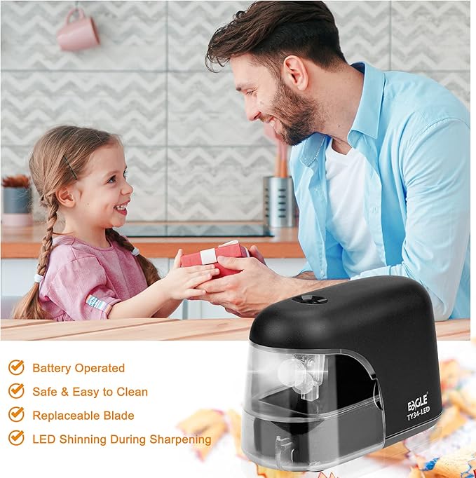 Eagle Electric Pencil Sharpener, Battery Powered Sharpener, LED Light Shinning During Sharpening, Portable, with Reusable and Replaceable Blade, Suitable for Kids, Ideal School Office Supplies (Black)