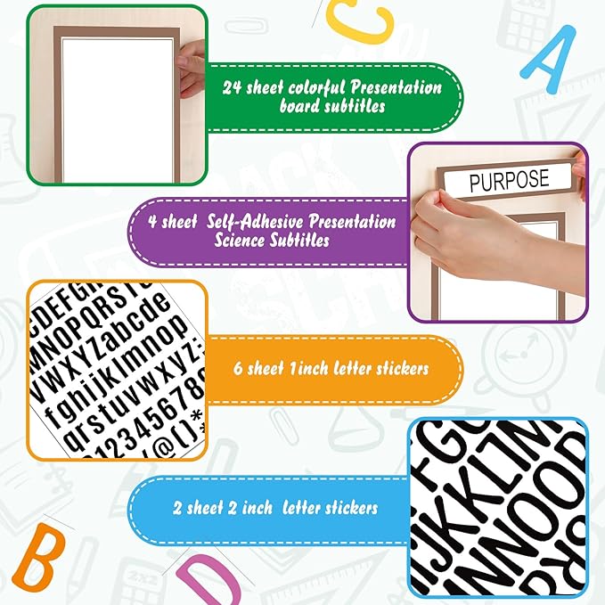 PerKoop 36 Sheets Science Fair Board Poster Boards Supplies 24 Self Adhesive Presentation Subtitles 4 Science Fair Project Titles 8 Personalized Letter Sticker for Classroom(Rustic Color)