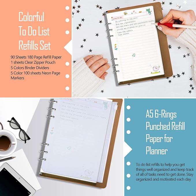Rancco A5 Planner Inserts to Do List, 90 Pages Colorful 6-Ring Loose-leaf Planner Refills w/Binder Divider, Zipper Pouch, Ruler, Index Tab for Personal Journal, Filofax, Double-sided,Undated,5.5×8.3"