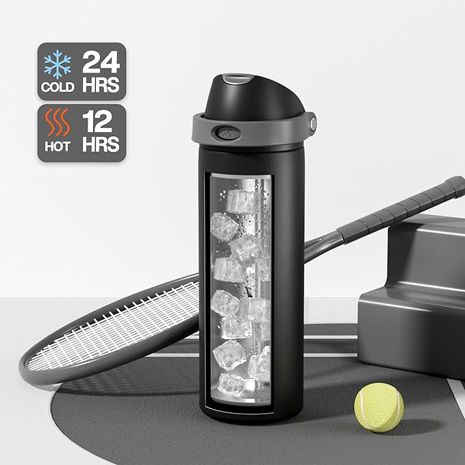 POWCAN 24 oz Insulated Water Bottle for Sports: Push-Button Spout & Quick-Flip Straw, Leakproof, Keep Cold 24Hrs, Fits Car Cupholder, Stainless Steel Bottle for Travel, Gym, School (Midnight Black)